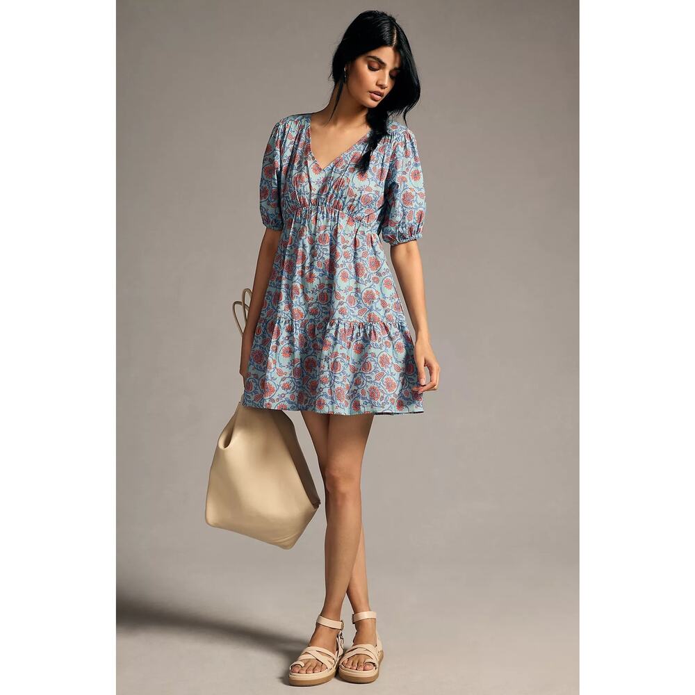 Sundry x Anthro Viola Floral Mini Dress Blue Puff Sleeve Boho Size 3 (Large)